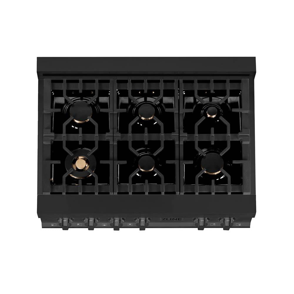 36'' Porcelain Gas Stovetop in Black Stainless with Brass Burners