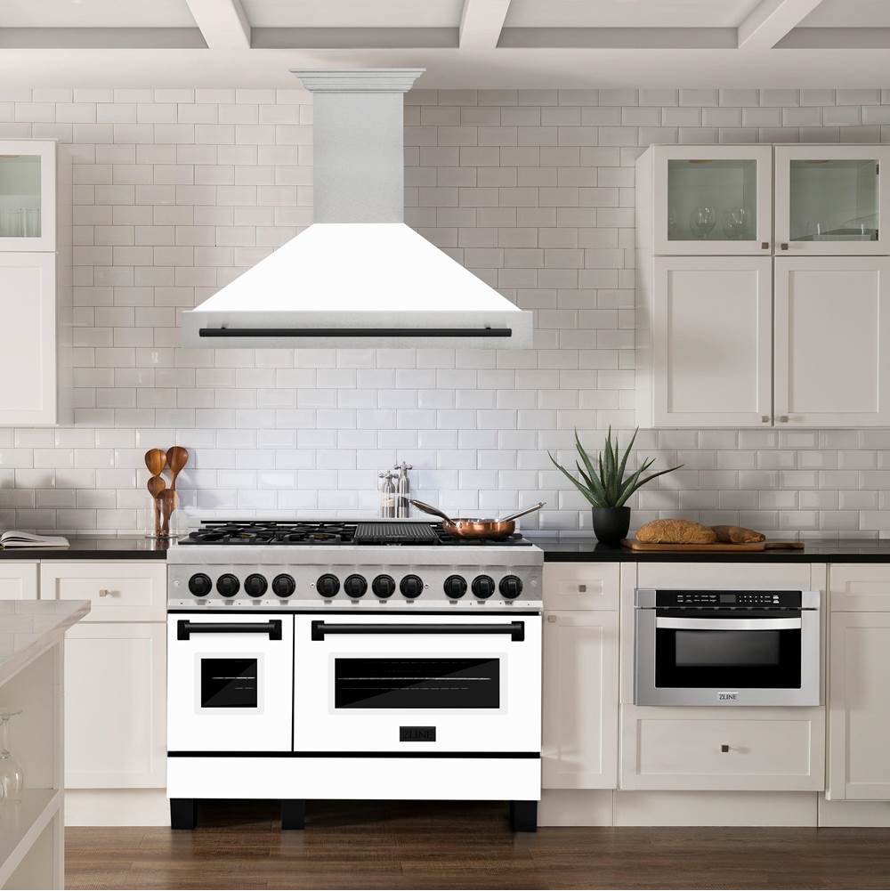 48'' Autograph Edition DuraSnow Stainless Steel Range Hood with White Matte Shell and Champagne Bronze Handle