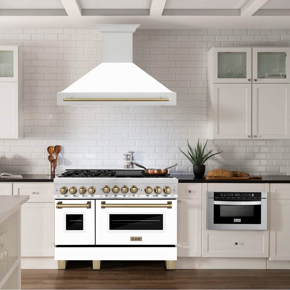 48'' Autograph Edition Stainless Steel Range Hood with White Matte Shell and Champagne Bronze Handle