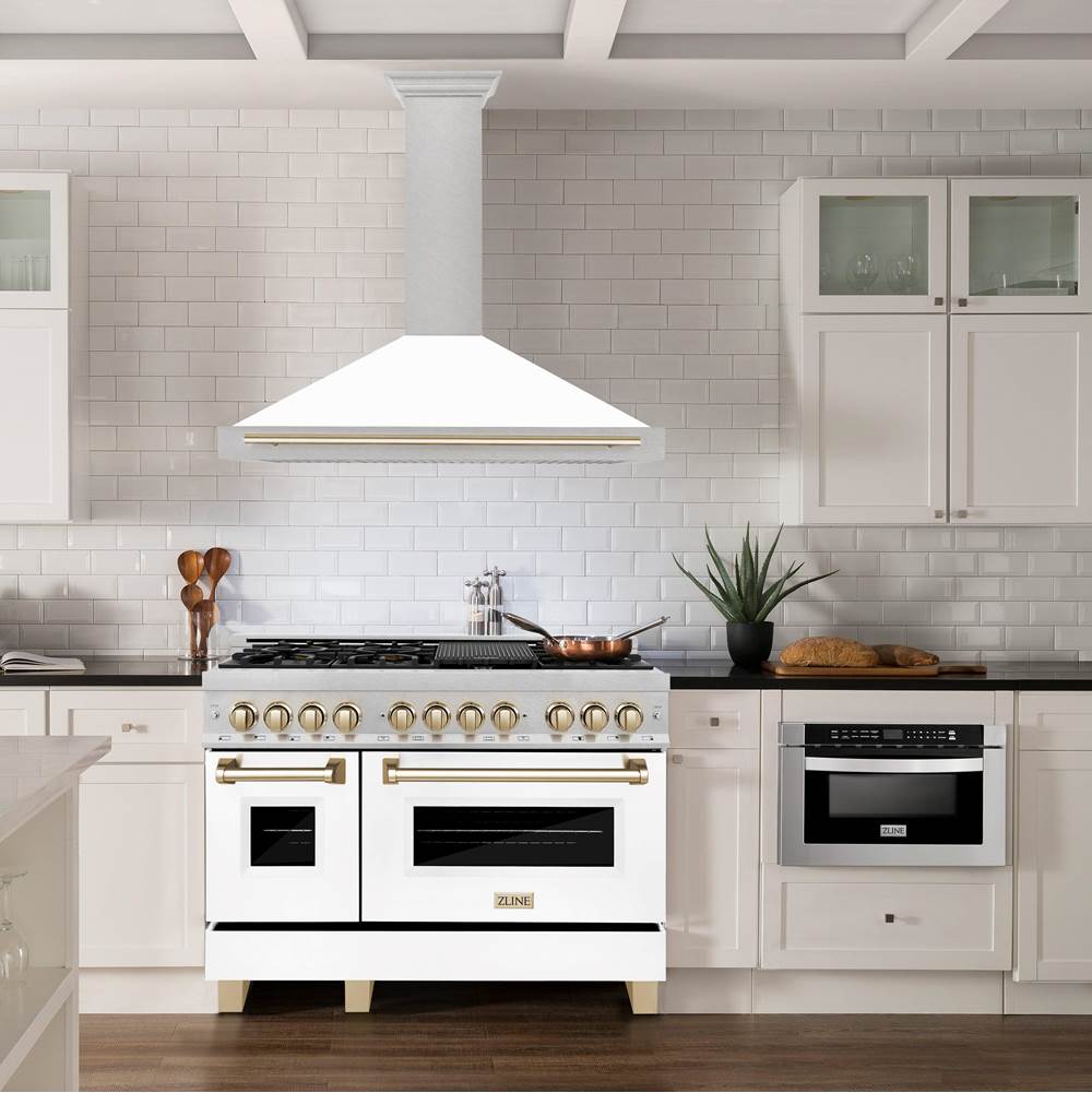 48'' Autograph Edition DuraSnow Stainless Steel Range Hood with White Matte Shell and Champagne Bronze Handle