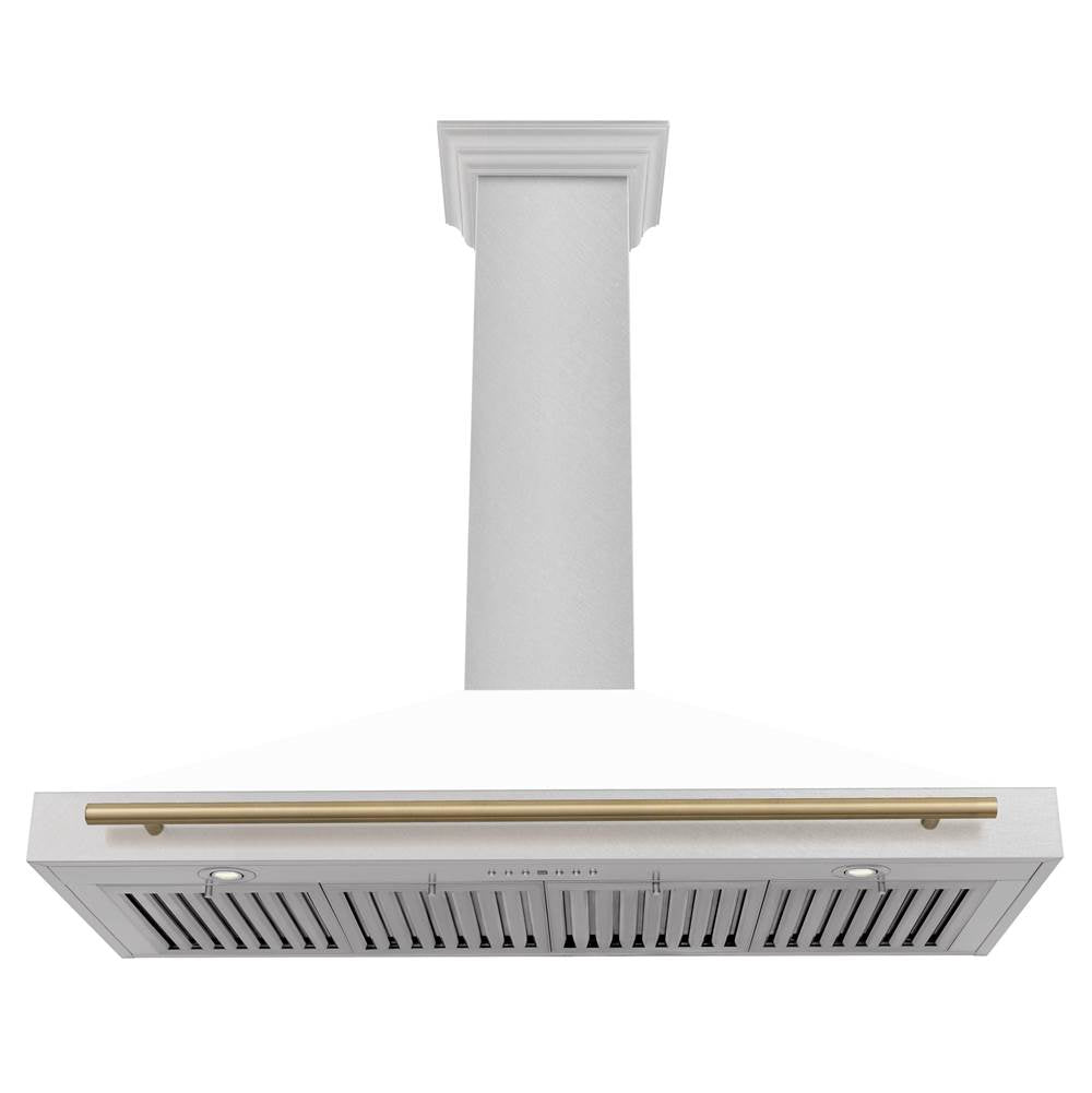 48'' Autograph Edition DuraSnow Stainless Steel Range Hood with White Matte Shell and Champagne Bronze Handle