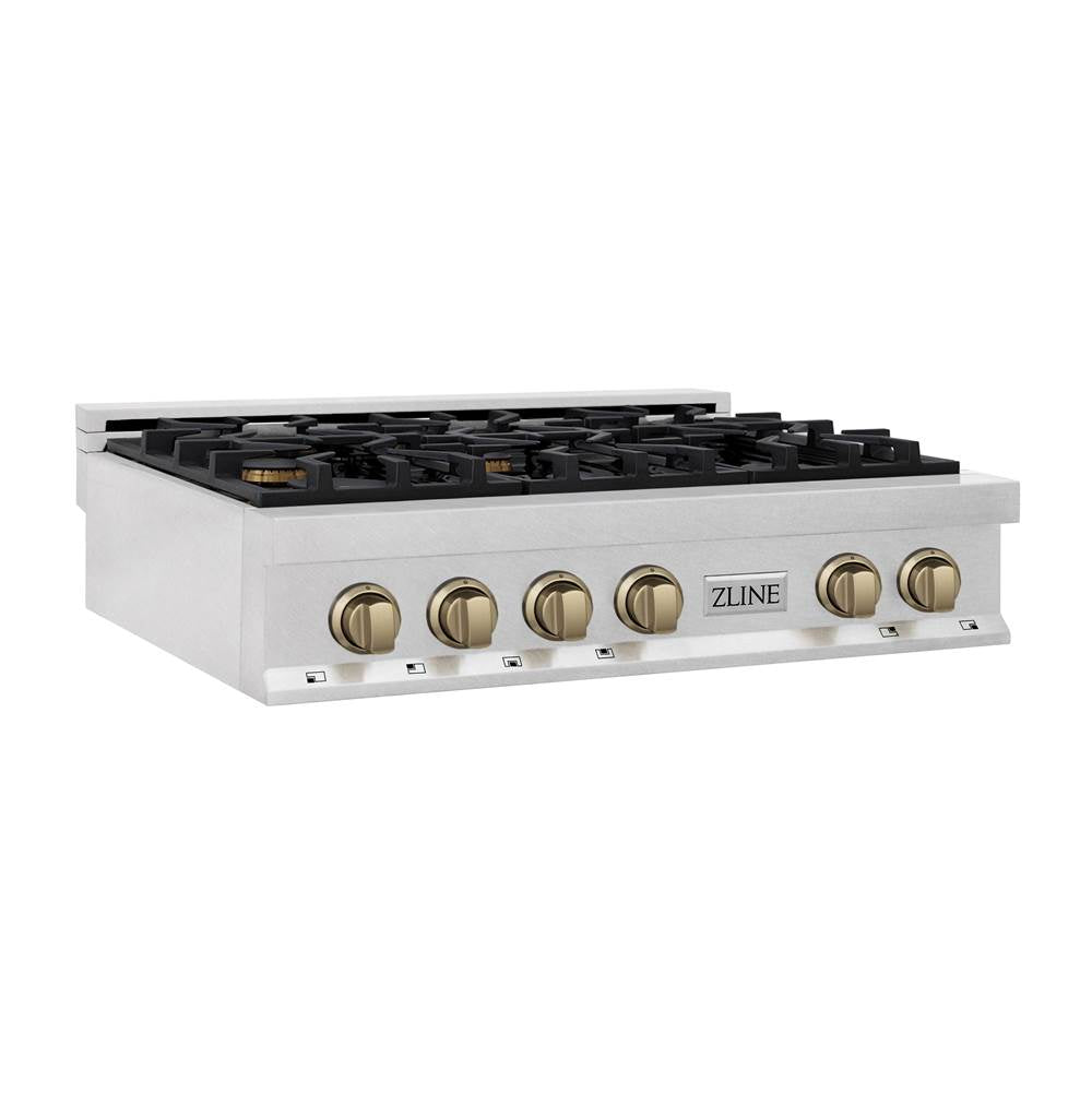 Autograph Edition 36'' Porcelain Rangetop with 6 Gas Burners in DuraSnow Stainless Steel and Champagne Bronze Accents