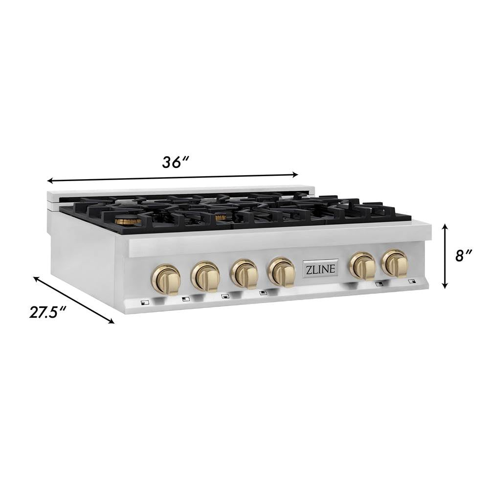 Autograph Edition 36'' Porcelain Rangetop with 6 Gas Burners in Stainless Steel and Champagne Bronze Accents