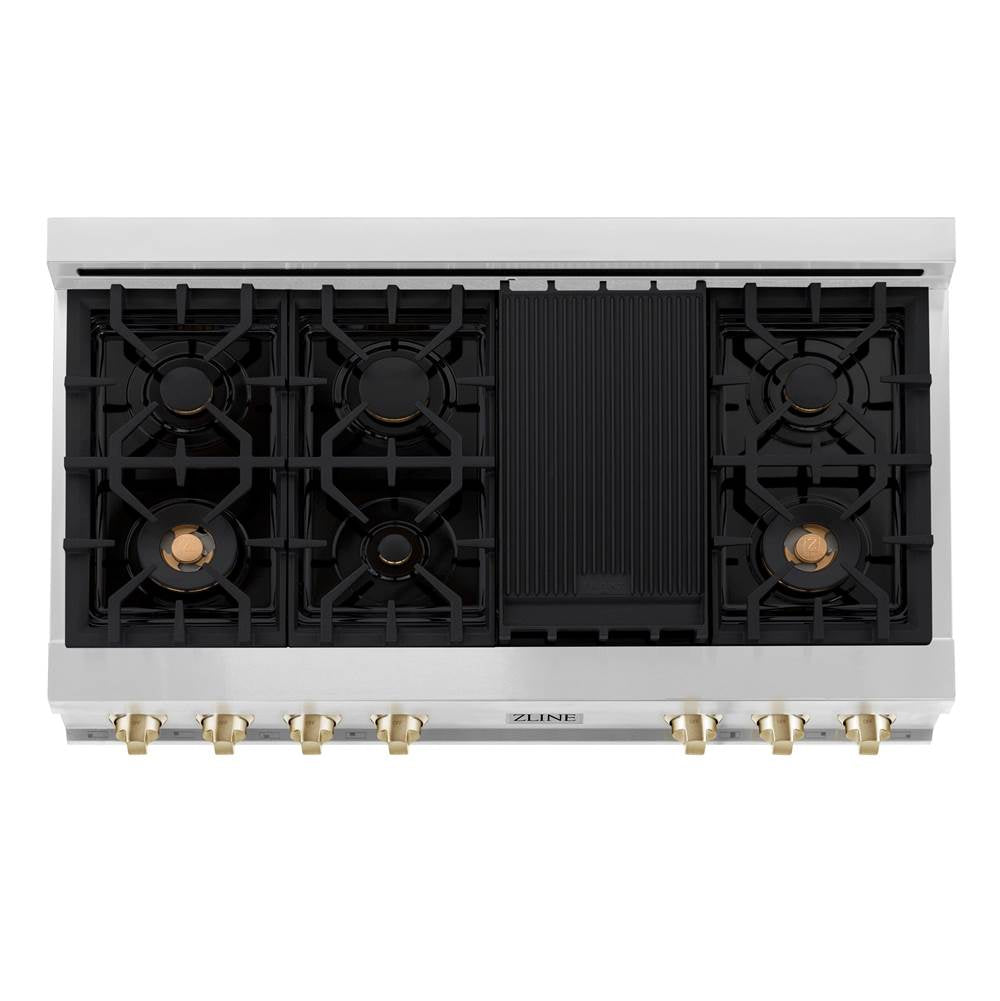 Autograph Edition 48'' Porcelain Rangetop with 7 Gas Burners in Stainless Steel and Champagne Bronze Accents