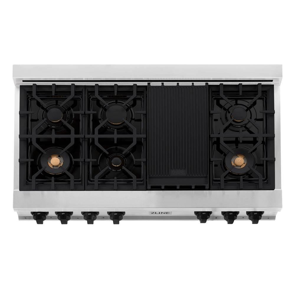 Autograph Edition 48'' Porcelain Rangetop with 7 Gas Burners in Stainless Steel and Champagne Bronze Accents