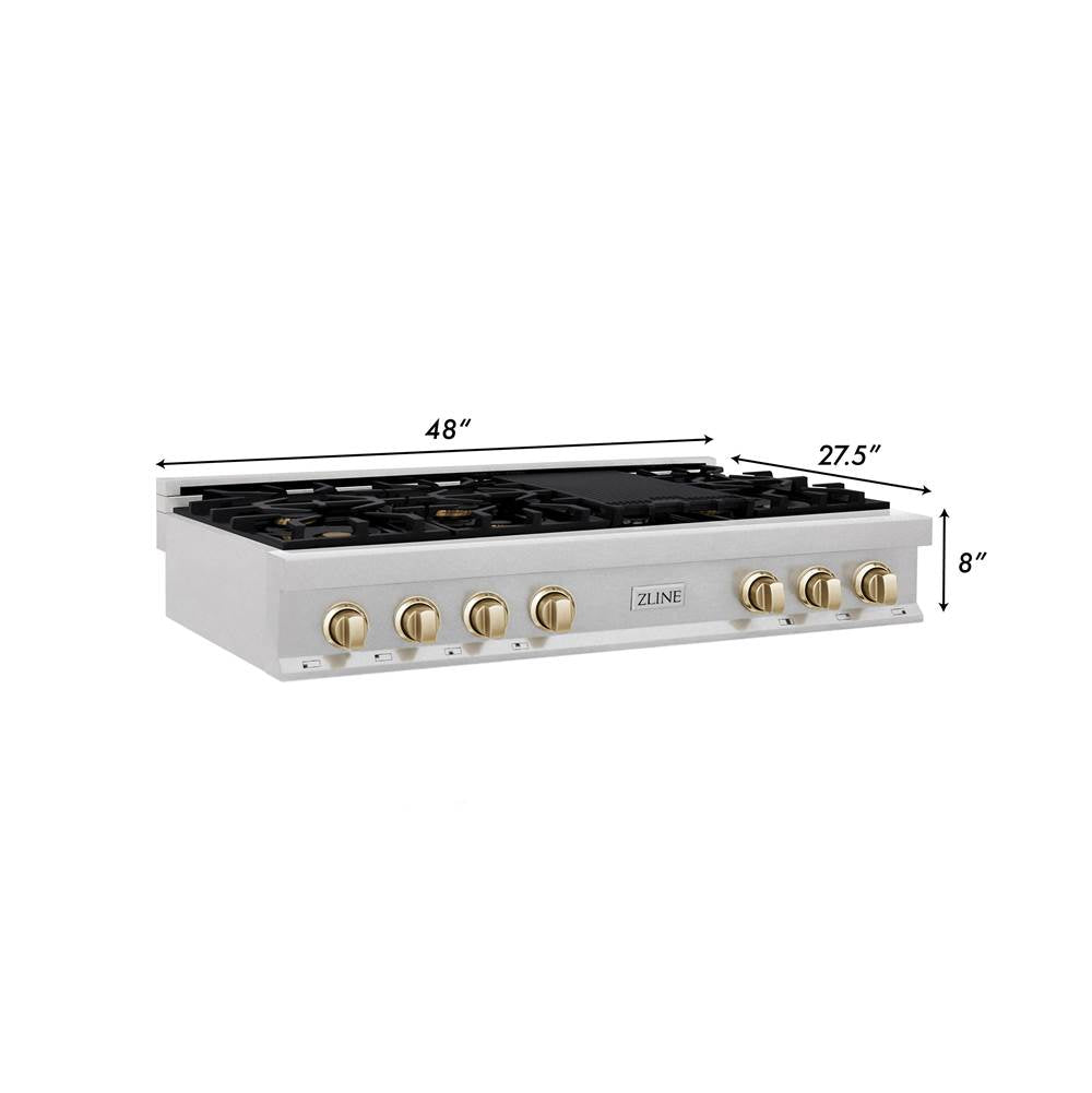 Autograph Edition 48'' Porcelain Rangetop with 7 Gas Burners in DuraSnow Stainless Steel and Champagne Bronze Accents