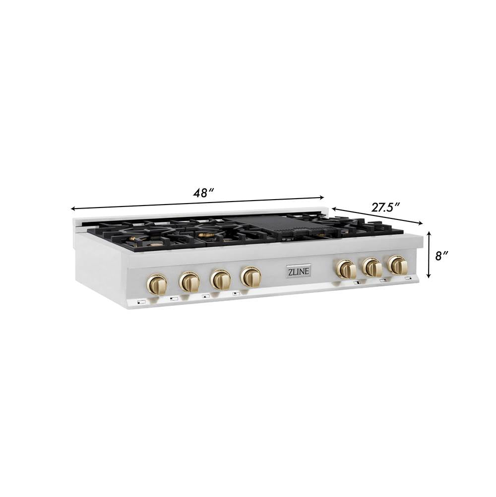 Autograph Edition 48'' Porcelain Rangetop with 7 Gas Burners in Stainless Steel and Champagne Bronze Accents