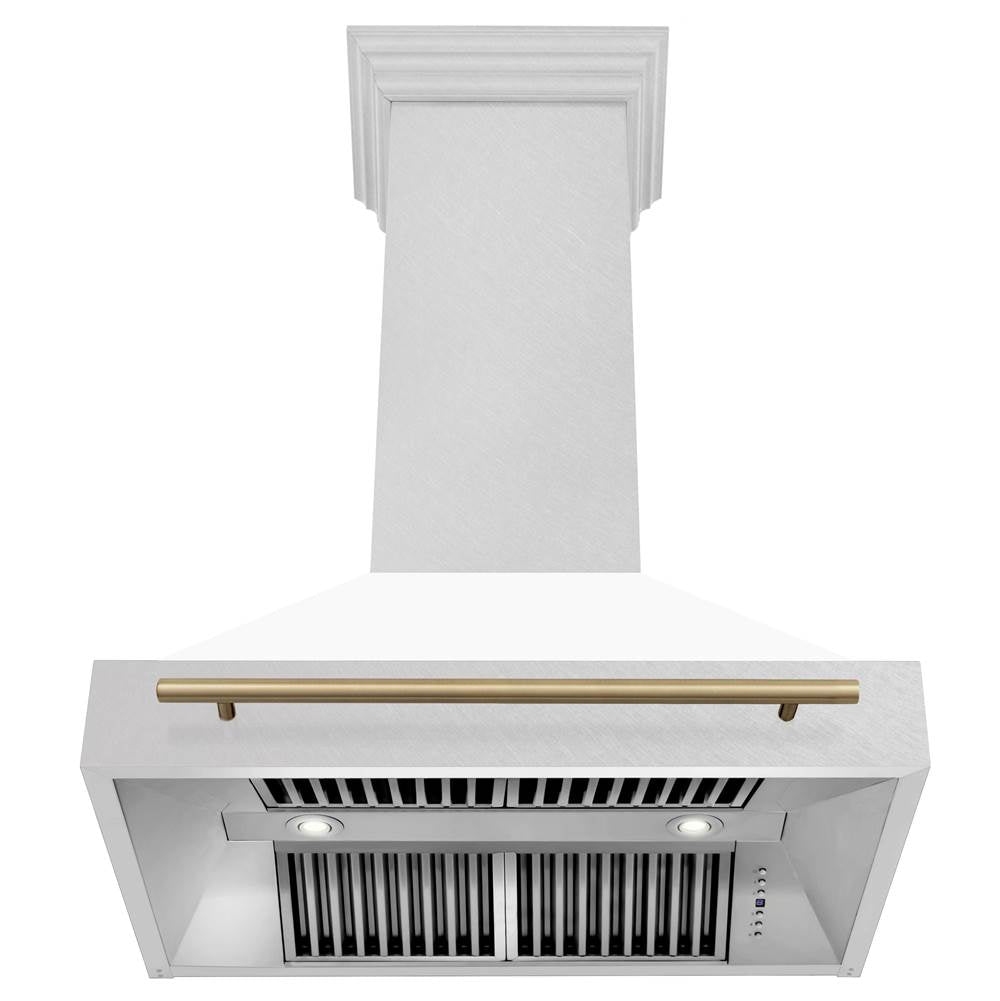 36'' Autograph Edition DuraSnow Stainless Steel Range Hood with White Matte Shell and Champagne Bronze Handle