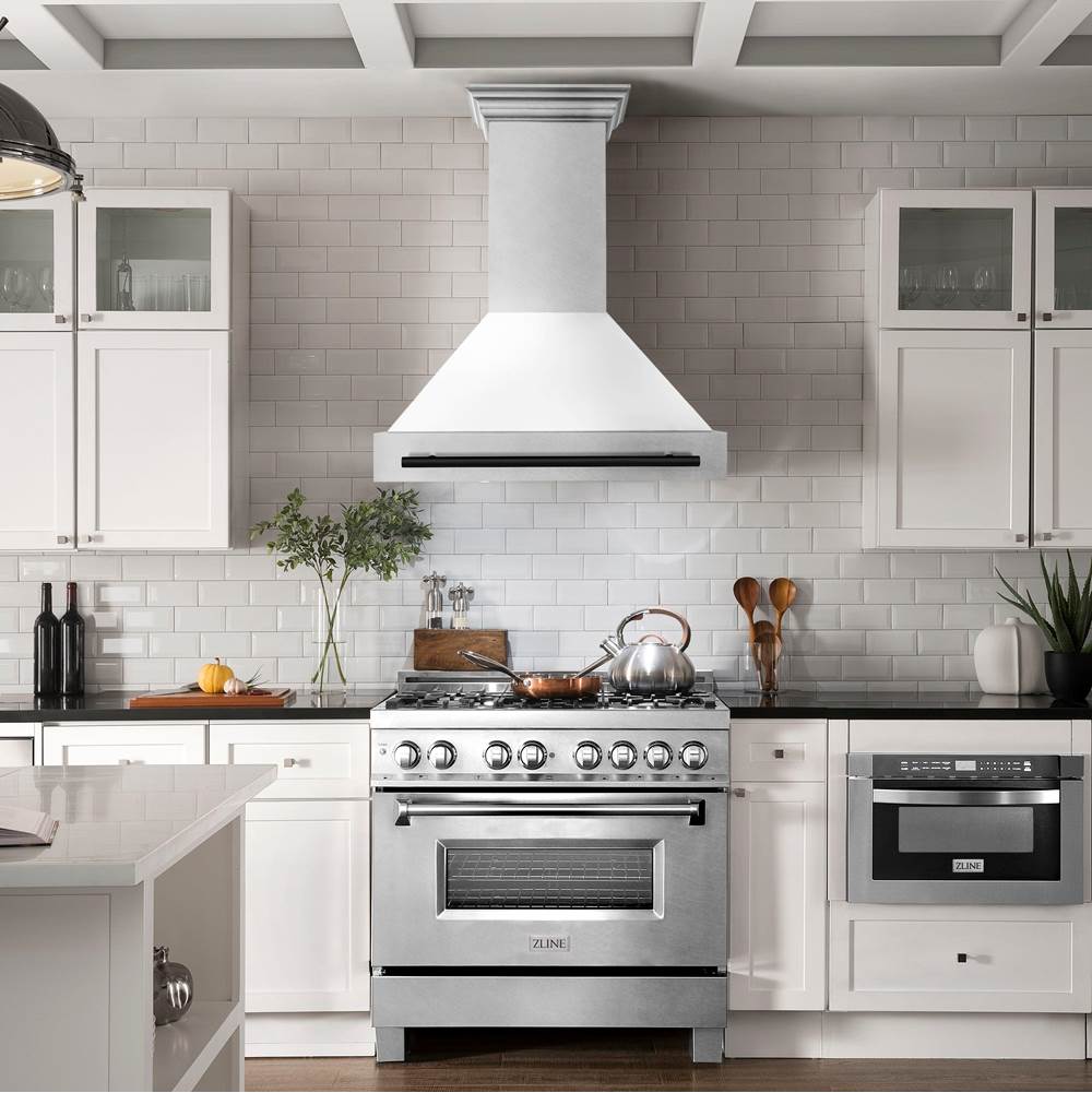 36'' Autograph Edition DuraSnow Stainless Steel Range Hood with White Matte Shell and Champagne Bronze Handle
