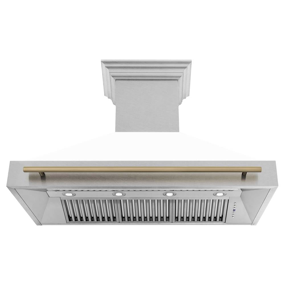 48'' Autograph Edition DuraSnow Stainless Steel Range Hood with White Matte Shell and Champagne Bronze Handle