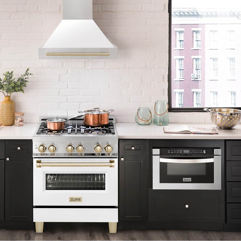 30'' Autograph Edition Stainless Steel Range Hood with White Matte Shell and Champagne Bronze Handle
