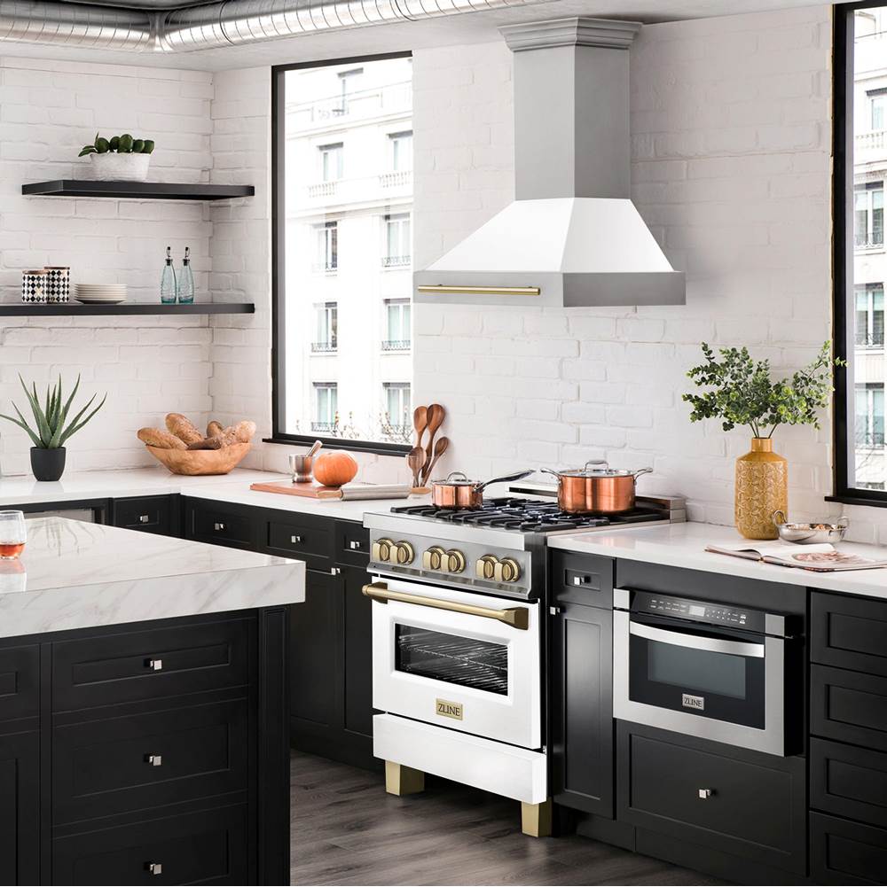 30'' Autograph Edition Stainless Steel Range Hood with White Matte Shell and Champagne Bronze Handle