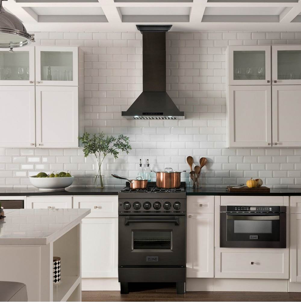 Convertible Vent Wall Mount Range Hood in Black Stainless Steel with Crown Molding (BSKBNCRN)