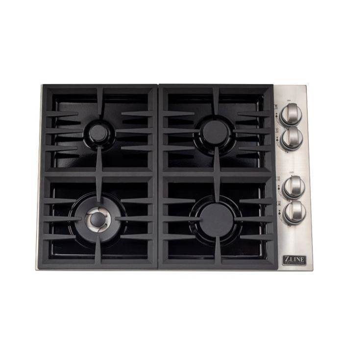 30'' Dropin Cooktop with 4 Gas Brass Burners and Black Porcelain Top