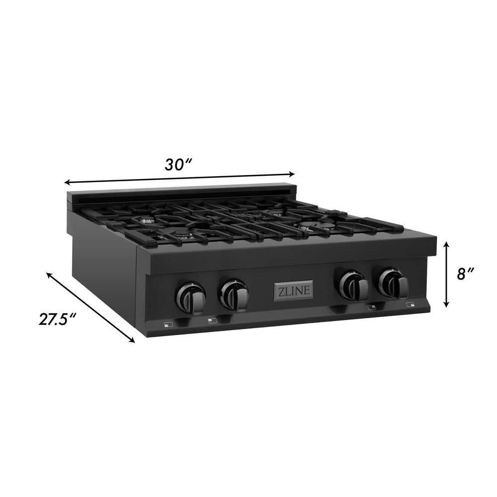 30'' Porcelain Rangetop in Black Stainless Steel with 4 Gas Brass Burners