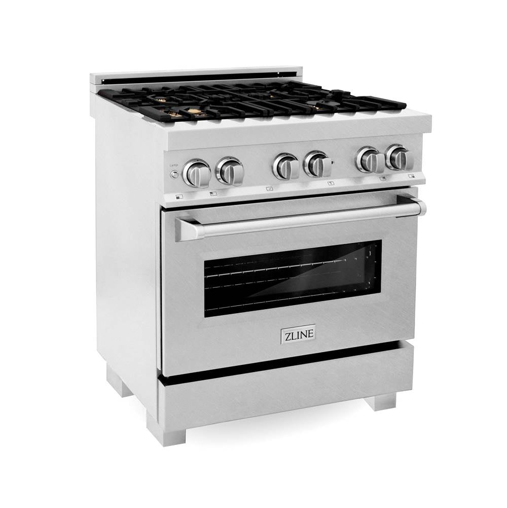 Z-Line - 30'' Professional 4.0 cu.' 4 Dual Fuel Range in DuraSnow Stainless Steel with Brass Burners - DuraSnow Stainless Steel,Brass
