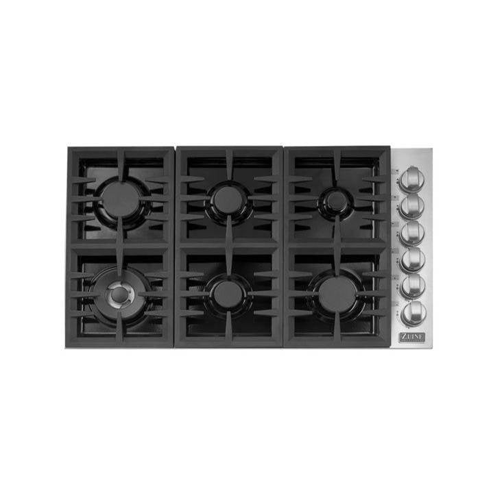 36'' Dropin Cooktop with 6 Gas Brass Burners and Black Porcelain Top