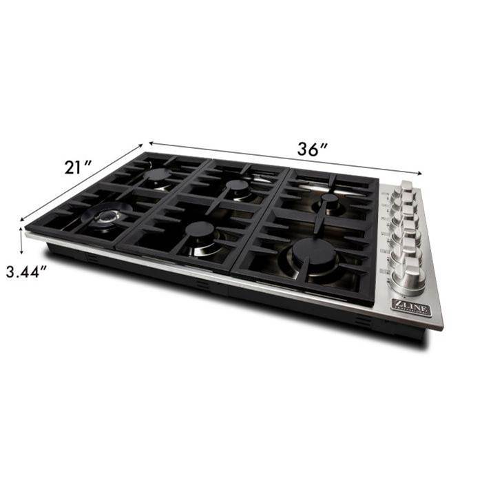 36'' Dropin Cooktop with 6 Gas Brass Burners and Black Porcelain Top