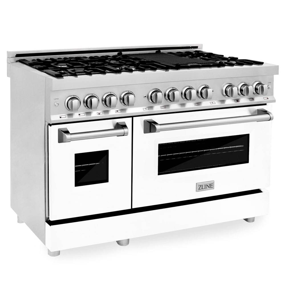 48'' 6.0 cu. ft. Electric Oven and Gas Cooktop Dual Fuel Range with Griddle and White Matte Door in Fingerprint Resistant Stainless