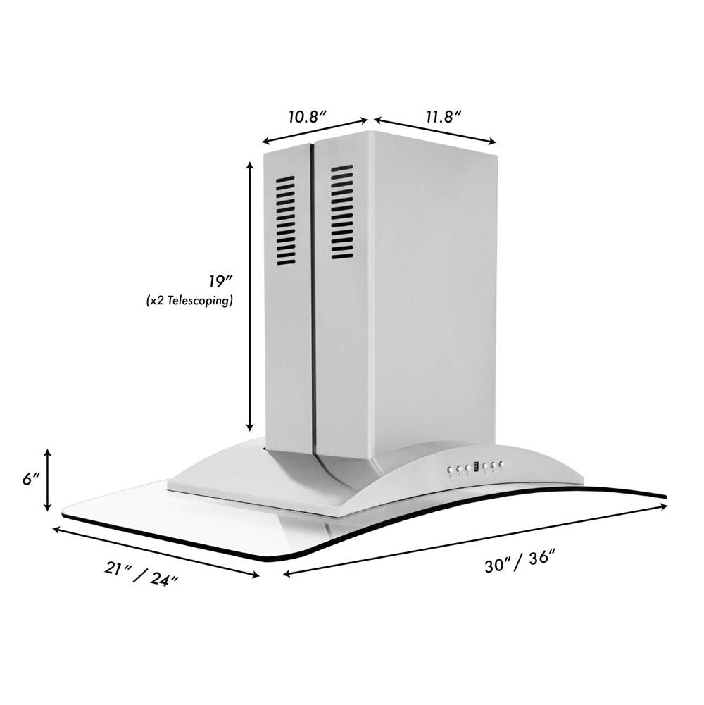 36'' Island Mount Range Hood in Stainless Steel & Glass