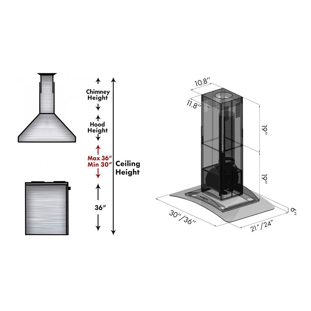 36'' Island Mount Range Hood in Stainless Steel & Glass