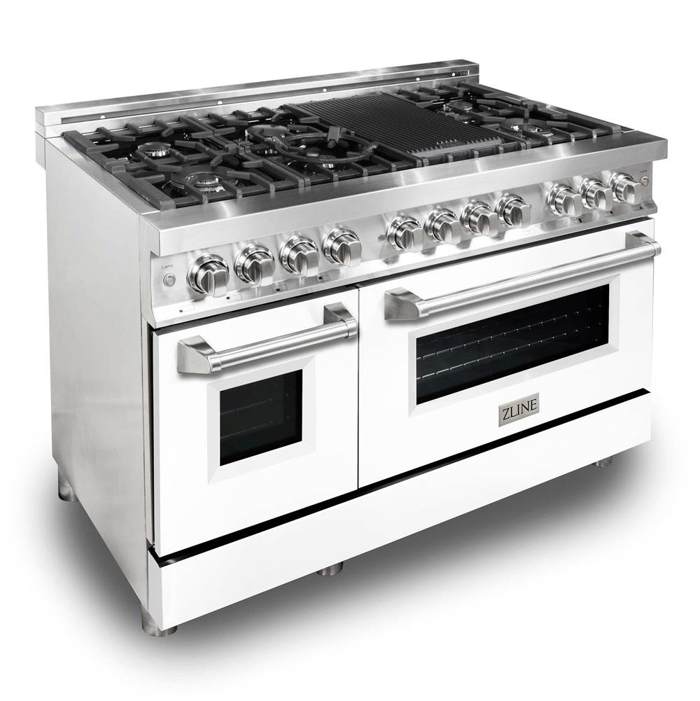 48'' 6.0 cu. ft. Electric Oven and Gas Cooktop Dual Fuel Range with Griddle and White Matte Door in Stainless Steel