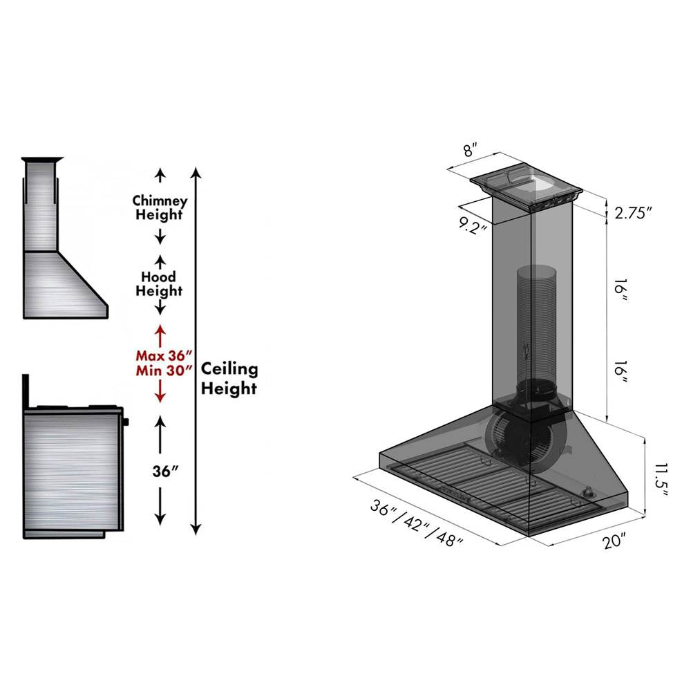 48'' Wall Mount Range Hood in Stainless Steel with Built-in CrownSound Bluetooth Speakers