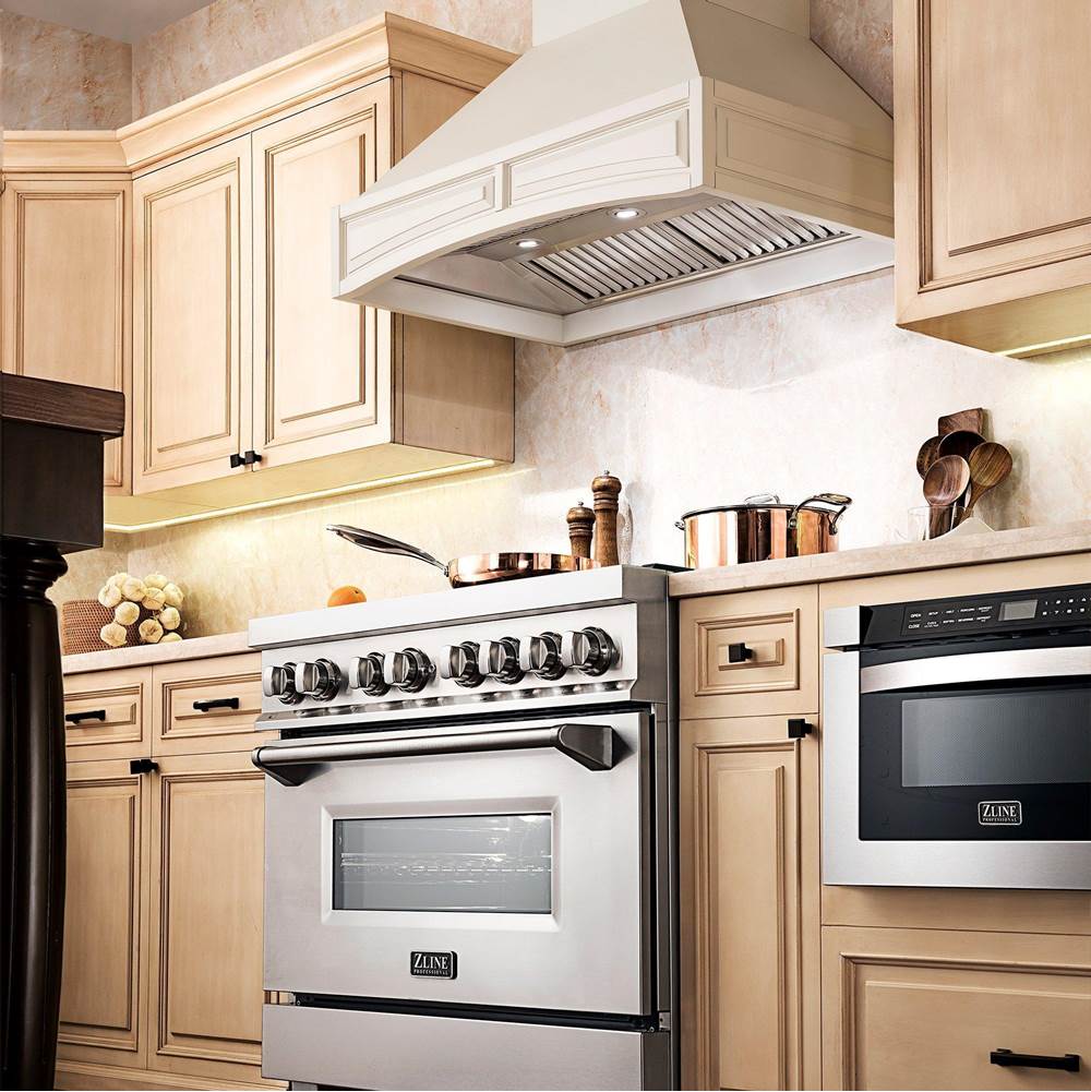 36'' Wooden Wall Mount Range Hood in White - Includes Motor