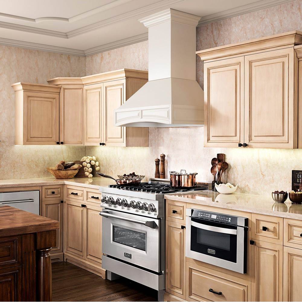 36'' Wooden Wall Mount Range Hood in White - Includes Motor