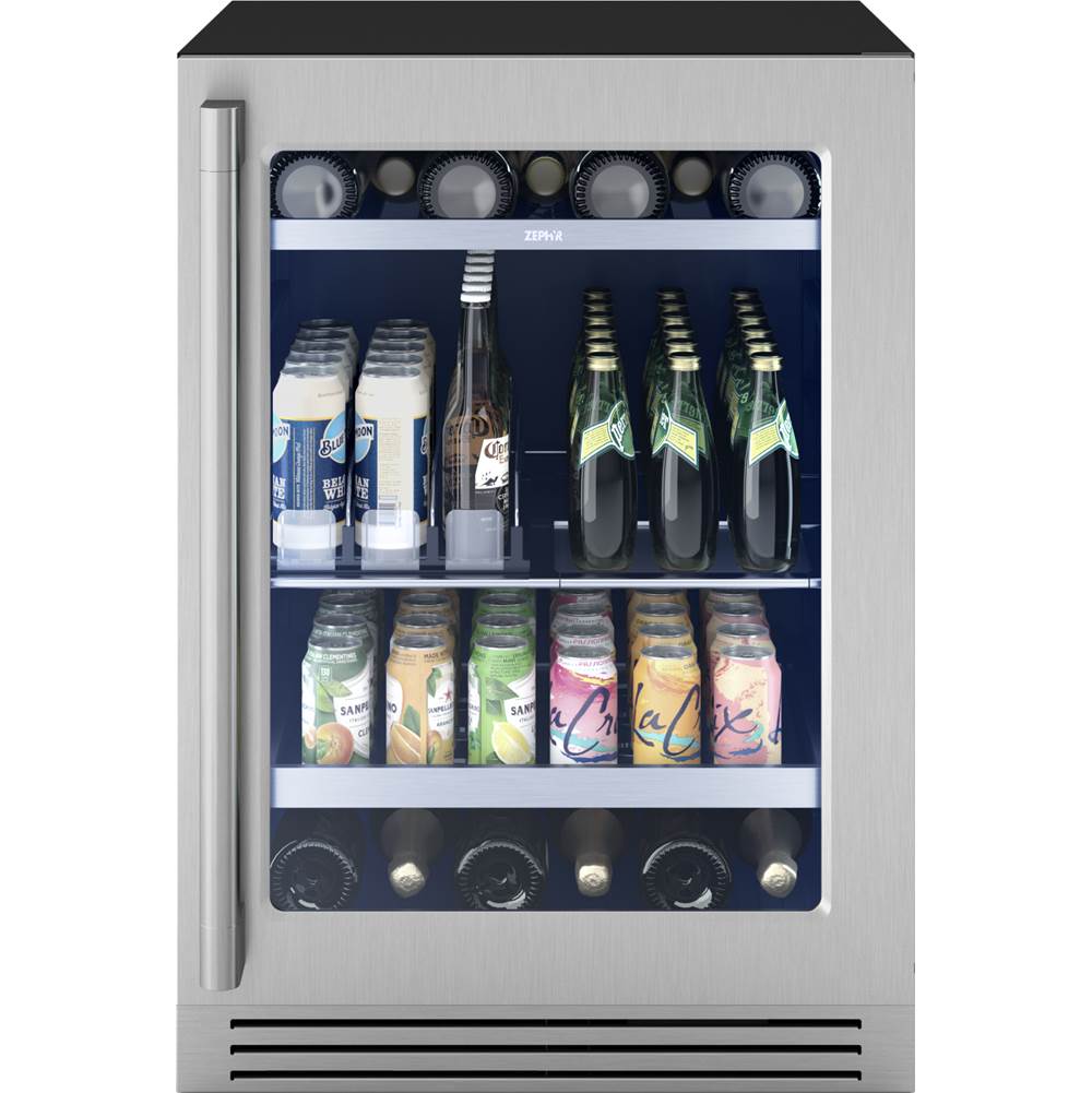 Zephyr - Presrv Pro Beverage Cooler, 24in Under Cabinet, SS plus Glass, Reverse Door, 1 Zone - Stainless Steel,Glass