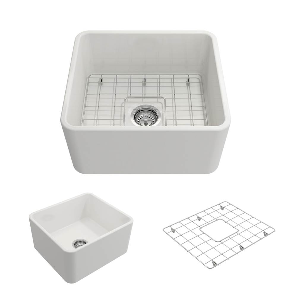 BOCCHI Classico Farmhouse Apron Front Fireclay 20 in. Single Bowl Kitchen Sink with Protective Bottom Grid and Strainer in White