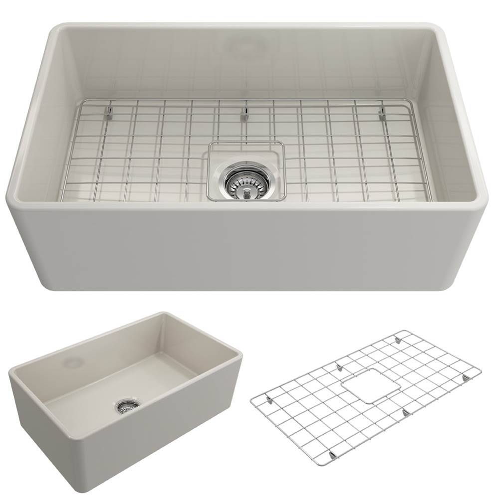 BOCCHI Classico Farmhouse Apron Front Fireclay 30 in. Single Bowl Kitchen Sink with Protective Bottom Grid and Strainer in Biscuit