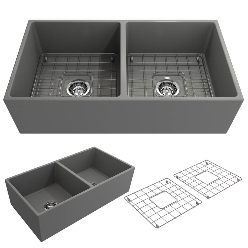 BOCCHI Contempo Apron Front Fireclay 36 in. Double Bowl Kitchen Sink with Protective Bottom Grids and Strainers in Matte Gray