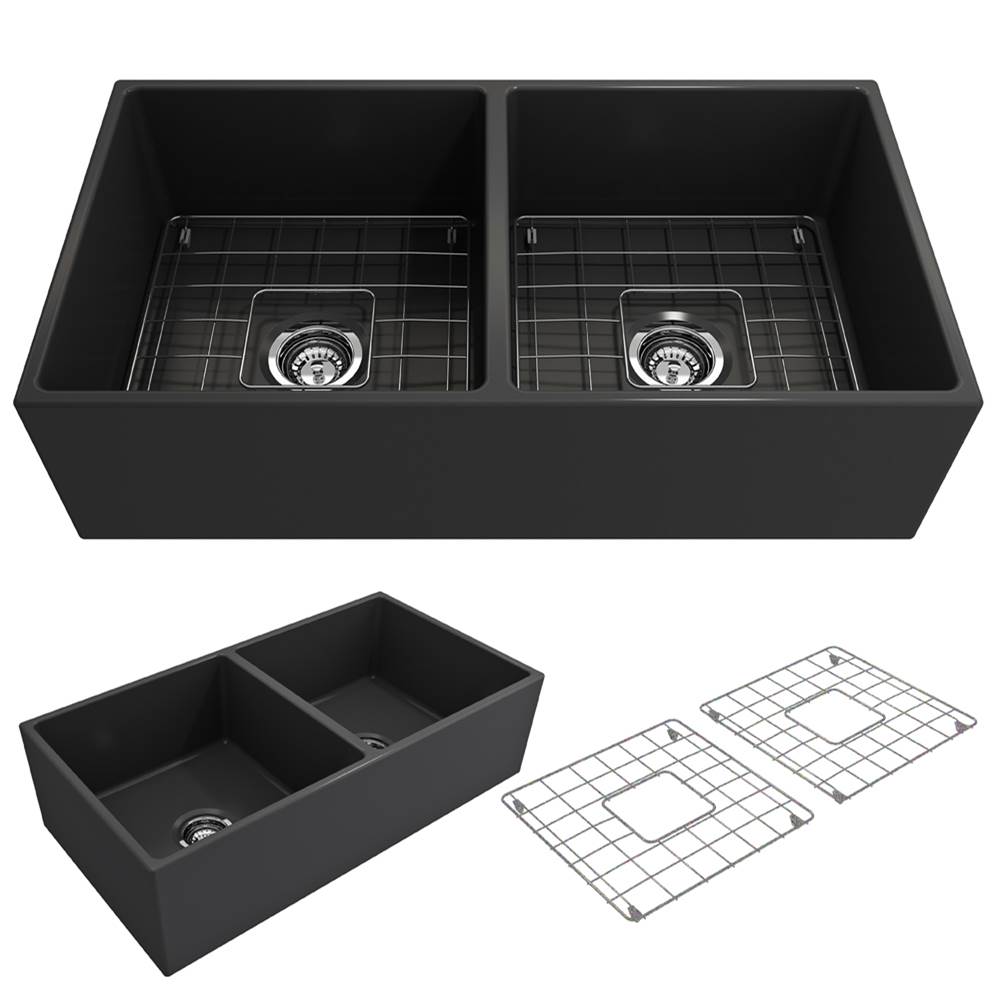 BOCCHI Contempo Apron Front Fireclay 36 in. Double Bowl Kitchen Sink with Protective Bottom Grids and Strainers in Matte Dark Gray