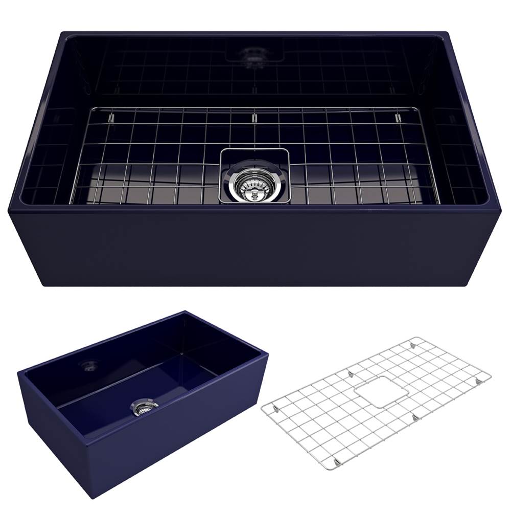 BOCCHI Contempo Apron Front Fireclay 33 in. Single Bowl Kitchen Sink with Protective Bottom Grid and Strainer in Sapphire Blue