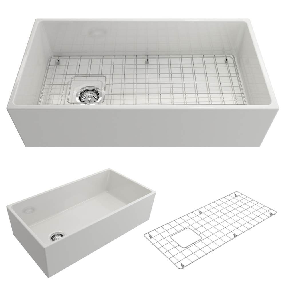 BOCCHI Contempo Apron Front Fireclay 36 in. Single Bowl Kitchen Sink with Protective Bottom Grid and Strainer in White