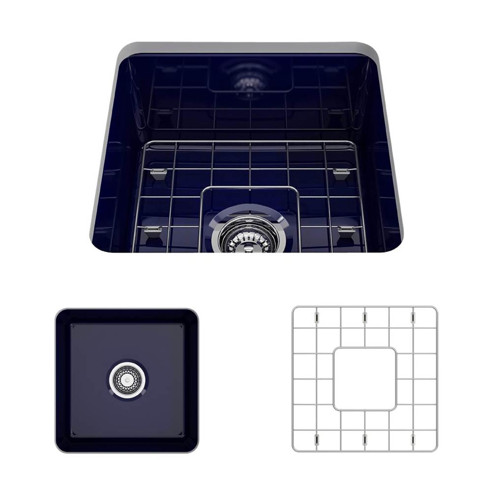 BOCCHI Sotto Dual-mount Fireclay 18 in. Single Bowl Bar Sink with Protective Bottom Grid and Strainer in Sapphire Blue