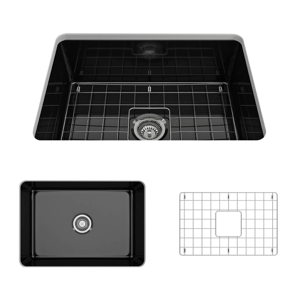 BOCCHI Sotto Dual-mount Fireclay 27 in. Single Bowl Kitchen Sink with Protective Bottom Grid and Strainer in Black