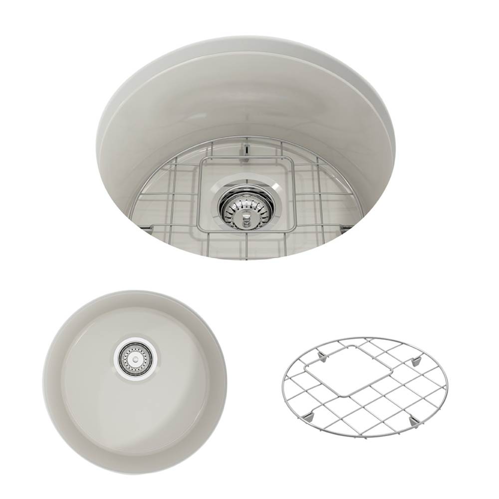 BOCCHI Sotto Round Dual-mount Fireclay 18.5 in. Single Bowl Bar Sink with Protective Bottom Grid and Strainer in Biscuit