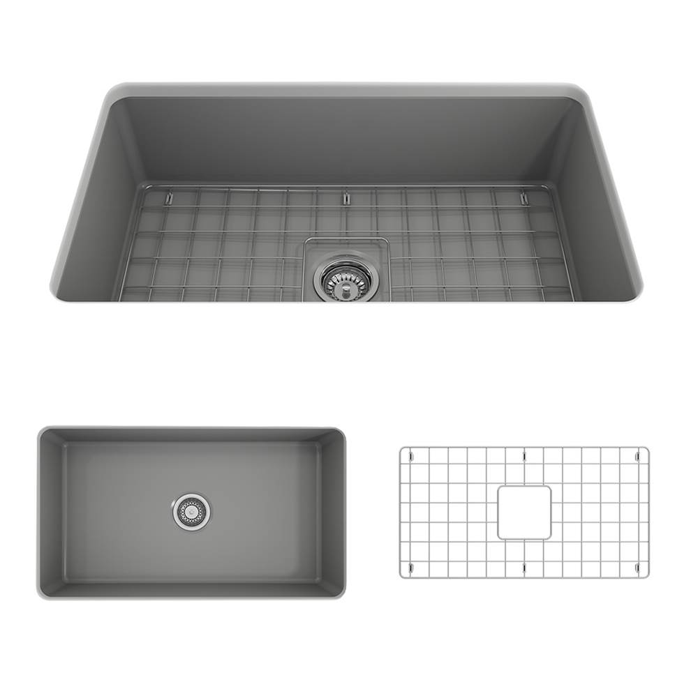 BOCCHI Sotto Dual-mount Fireclay 32 in. Single Bowl Kitchen Sink with Protective Bottom Grid and Strainer in Matte Gray