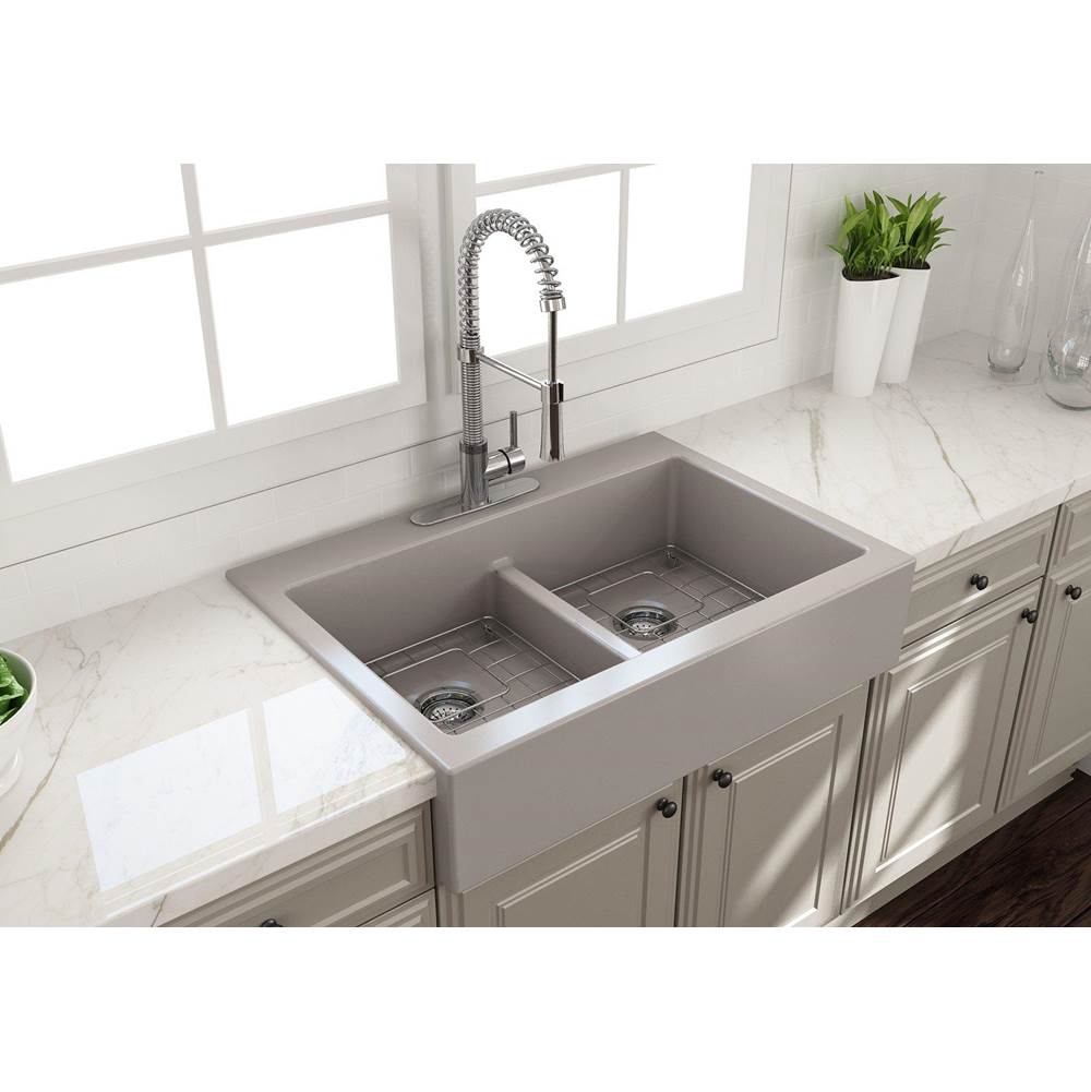 BOCCHI Nuova Apron Front Drop-In Fireclay 34 in. 50/50 Double Bowl Kitchen Sink with Protective Bottom Grids and Strainers in Matte Gray