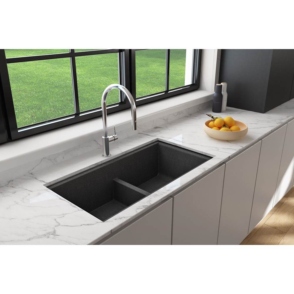 BOCCHI Baveno Lux Undermount 33''. Double Bowl Granite Composite Kitchen Sink with Integrated Workstation and Accessories in Metallic Black with Covers