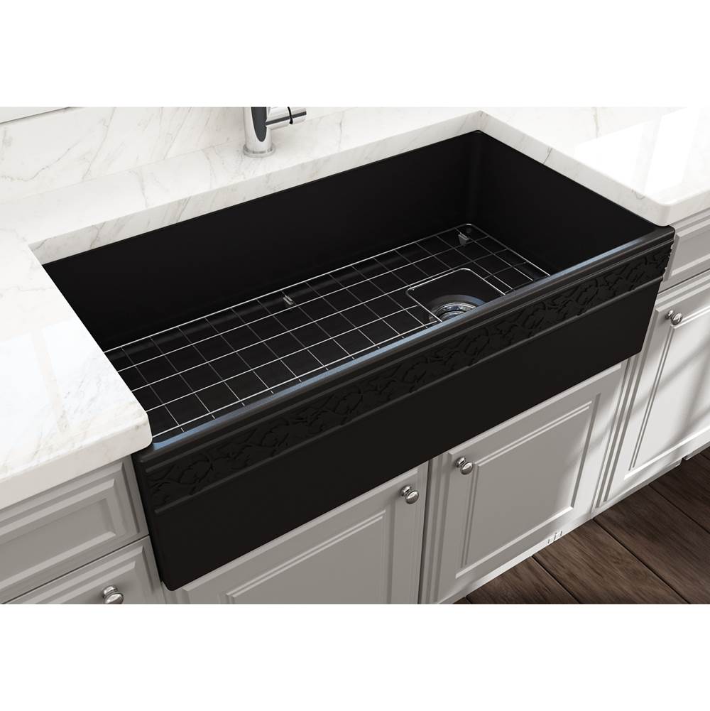 BOCCHI Vigneto Apron Front Fireclay 36 in. Single Bowl Kitchen Sink with Protective Bottom Grid and Strainer in Matte Black