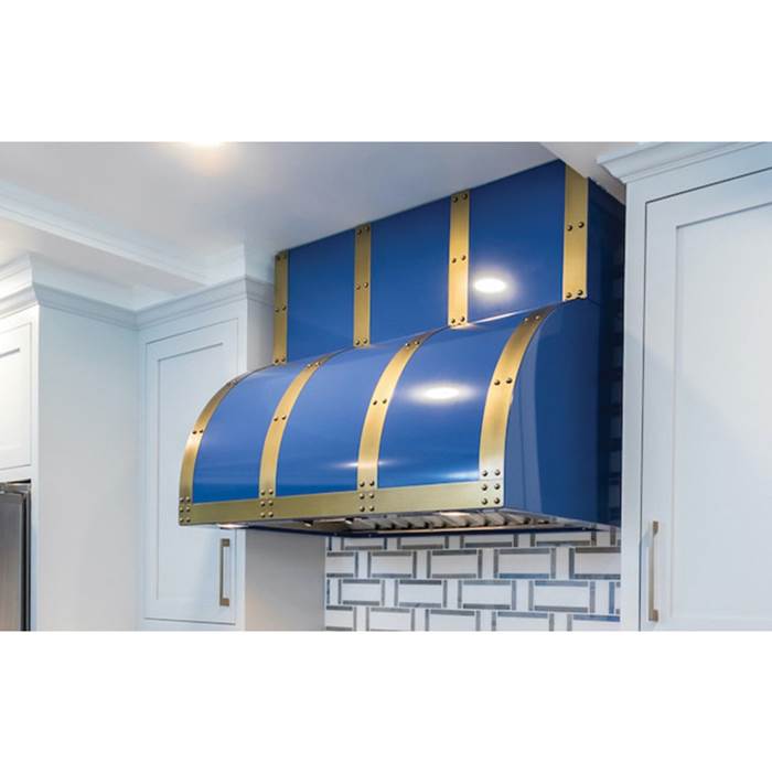 BlueStar 36'' Bonanza Wall Hood With Brushed Stainless Strapping And Rivets. 600 Cfm Internal Blower Included.
