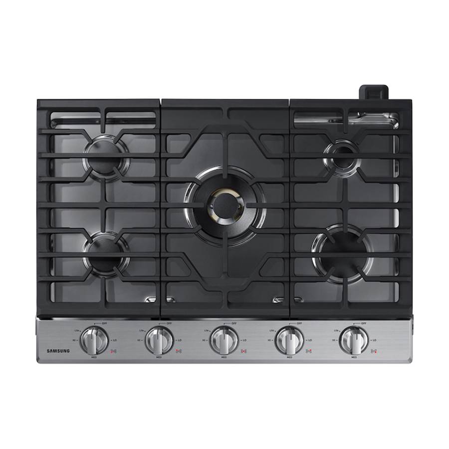 Samsung Five Burners, 1-22000 Dual Ring Brass Power Burner, 1-13000, 2-9.5, 1-5000 Simmer, Illuminated Knobs, Die Cast Griddle, Wok Ring, Wi-Fi, 30''