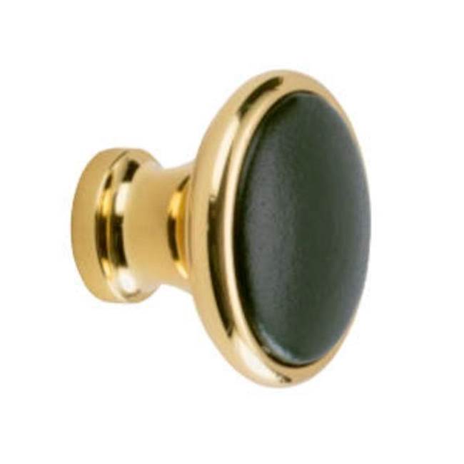 Colonial Bronze Leather Accented Round Cabinet Knob, Distressed Antique Brass x Pinseal Seal Rock Leather