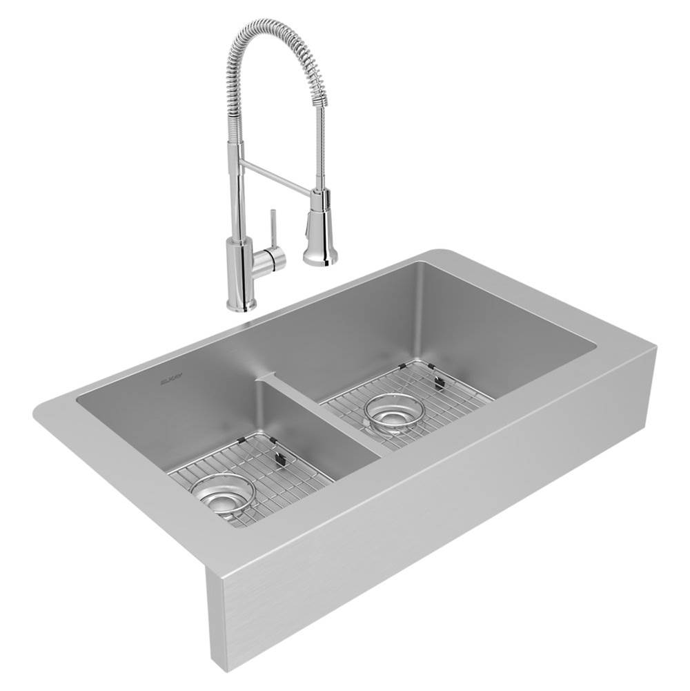 Elkay Crosstown Stainless Steel 35-7/8'' x 20-1/4'' x 9'', Equal Double Bowl Farmhouse Sink and Faucet Kit with Aqua Divide and Bottom Grid and Drain