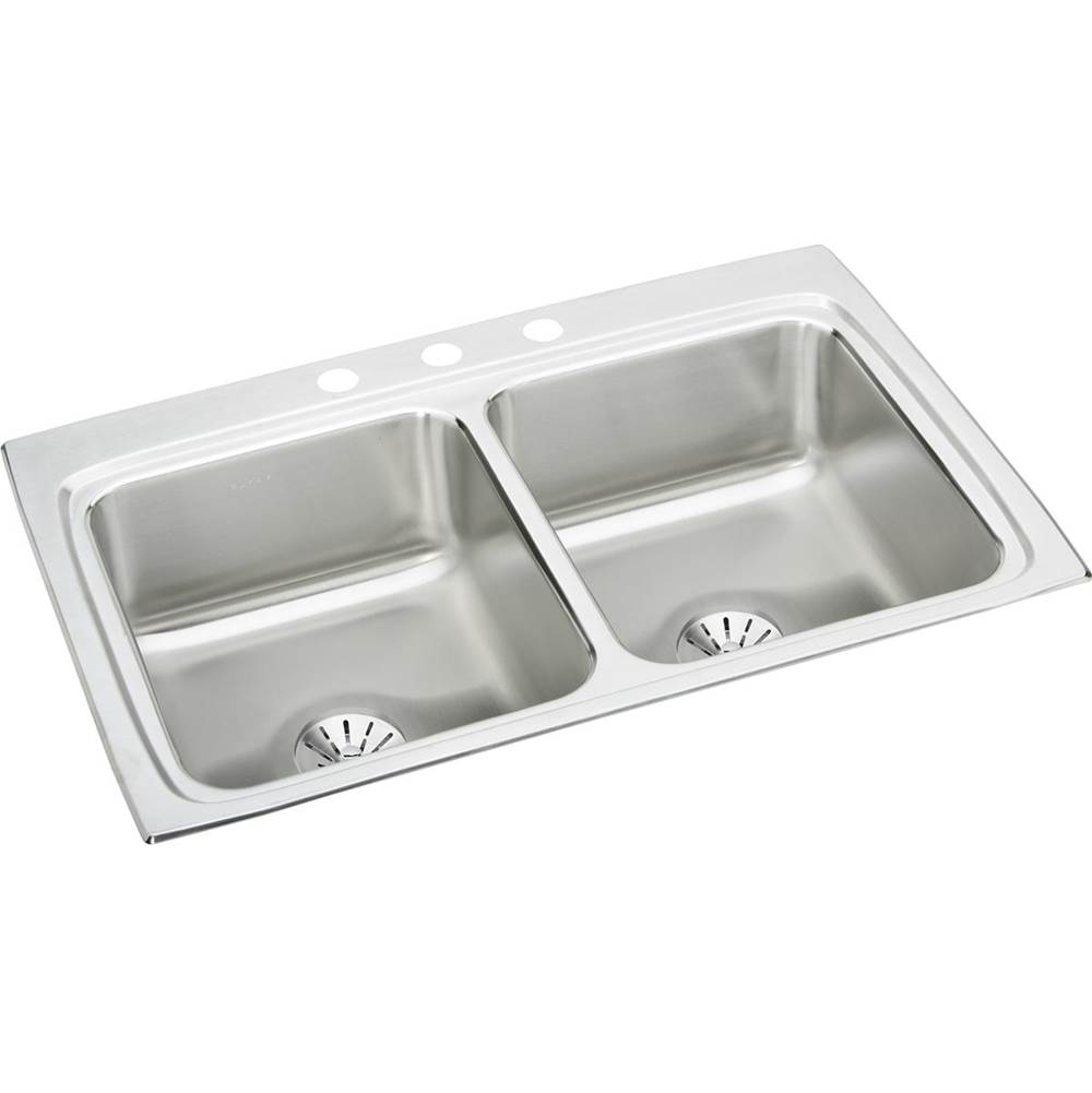 Elkay Lustertone Classic Stainless Steel 33'' x 22'' x 8-1/8'', 2-Hole Equal Double Bowl Drop-in Sink with Perfect Drain