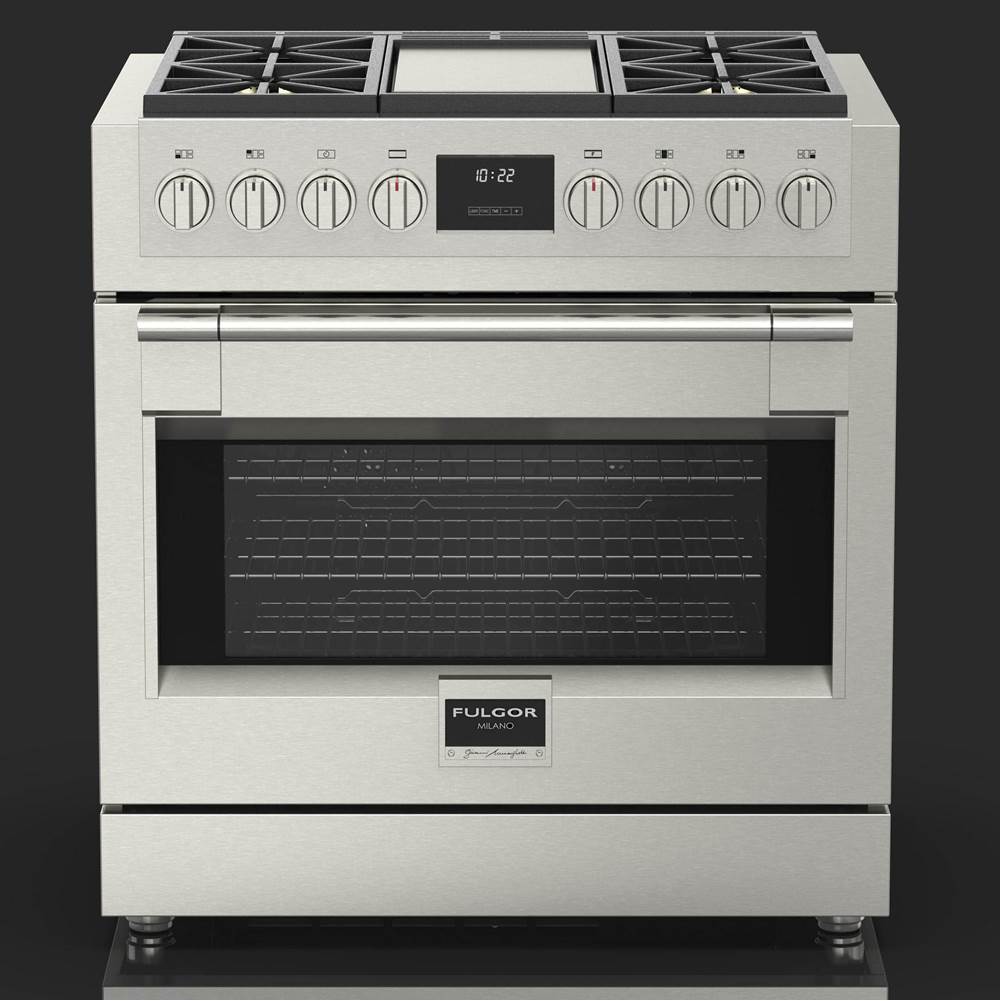 Fulgor Milano 36'' 600 Sofia Pro Series Freestanding Stainless Steel 4 Burner And Griddle Gas Range With Electronic Oven Control - I.E. 4 All Brass Top Gas Burners + Trilaminate Griddle + Soft-Closing Door Device Electronic Thermostat