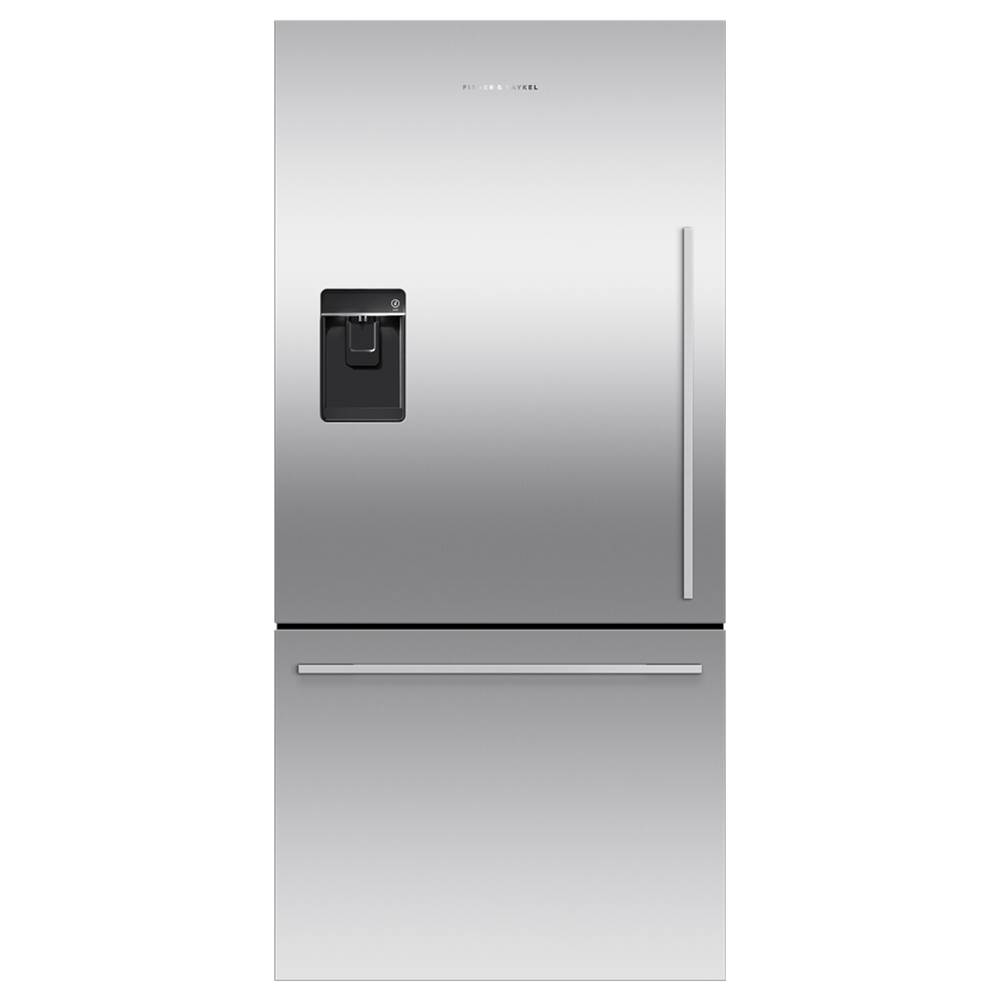 Fisher & Paykel 32'' Bottom Mount Refrigerator Freezer, Stainless Steel, 17.1 cu ft, Ice & External Water, Counter Depth, Left Hinge, Contemporary Square Handle